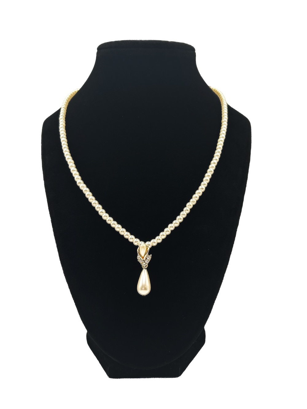 Vintage Mixed Metal Faux Pearl Teardrop Rhinestone Pendant Necklace